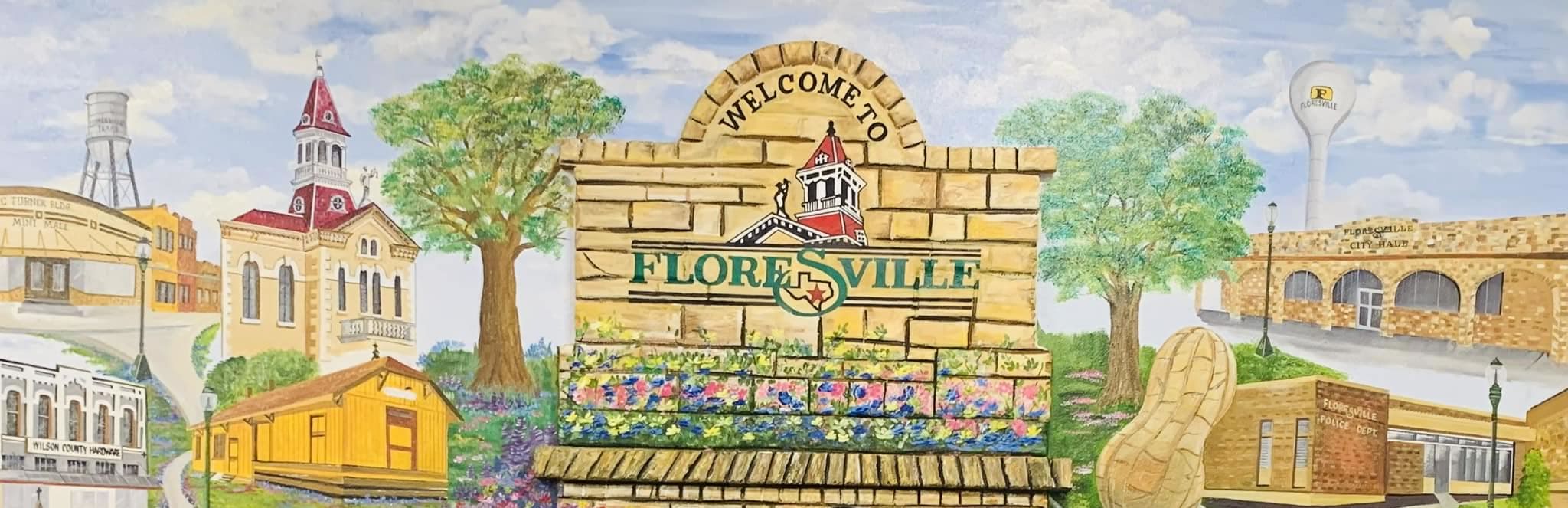Welcome to Floresville mural depicting the Wilson County Courthouse, water tower, historic depot, and surrounding landscapes
